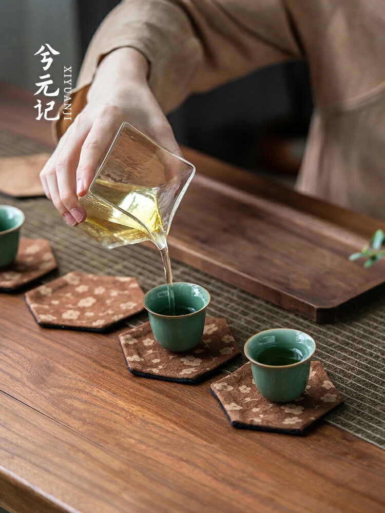 中式禪意六角杯墊茶杯托香云紗隔熱墊可家用防燙墊耐高溫茶道 【雲木雜貨】