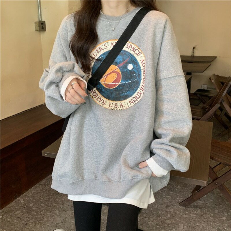 超火印花灰色衛衣女秋冬潮ins加絨加厚bf慵懶風寬松韓版圓領上衣