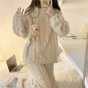 小熊口袋~珊瑚絨睡衣冬天 日系可愛睡衣絨 甜美卡通白色法蘭絨家居服 睡衣套裝