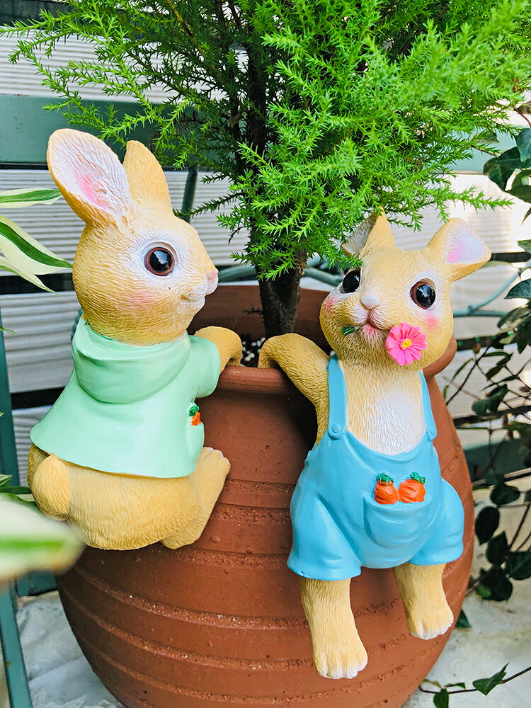 免運戶外擺件花園造景 花園裝飾兔子小掛件陽臺小院圍欄仿真動物掛飾發財樹花盆裝飾擺件