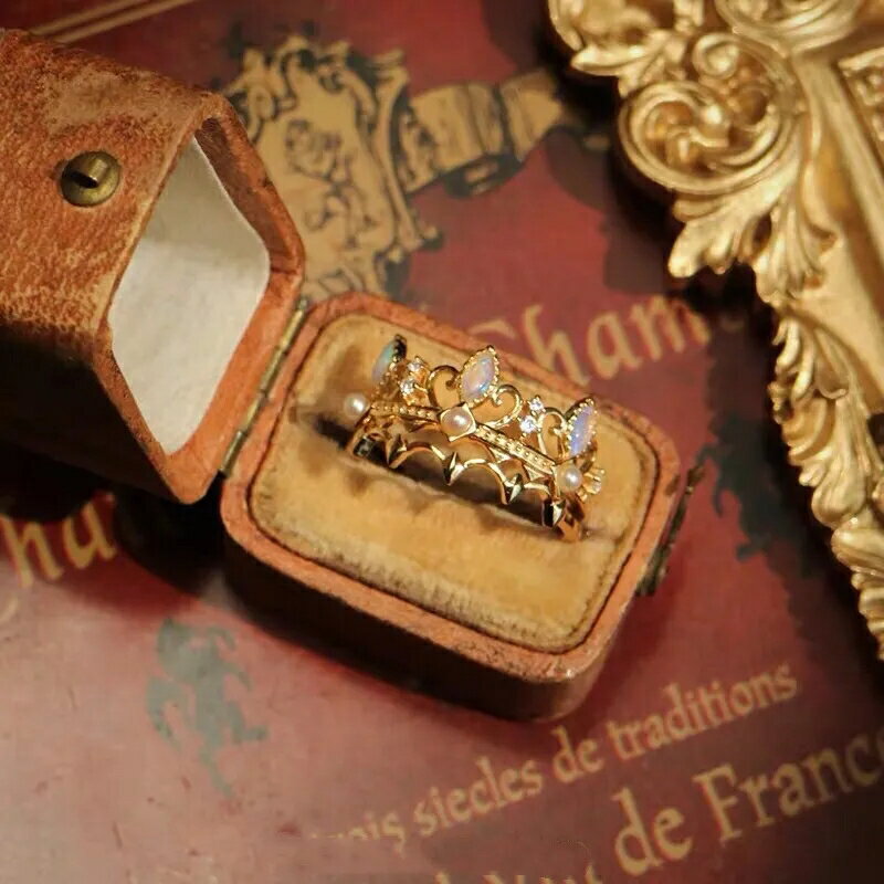 《少年與公主》復古皇冠疊戴戒指s?925純銀金蛋白石珍珠澳寶指環