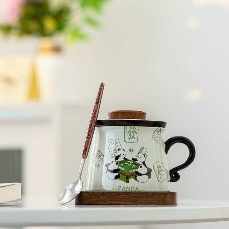 熊貓打麻將草木灰咖啡杯茶水分離陶瓷馬克杯茶咖杯禮盒裝定製logo