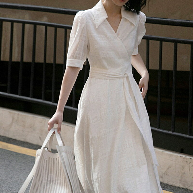 法式茶歇襯衫短袖氣質裙子白色優雅長裙2022新款夏季赫本風連衣裙