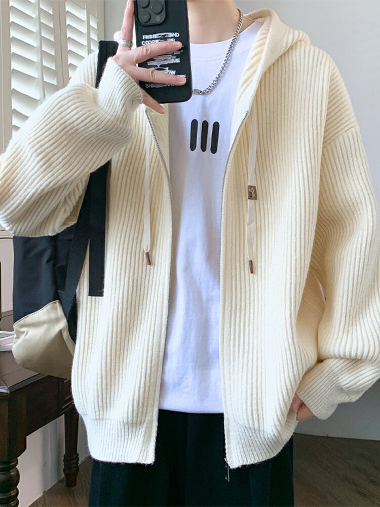 開衫毛衣外套男秋冬季加厚保暖連帽夾克男潮牌休閑寬松白色針織衫【步行者戶外生活館】