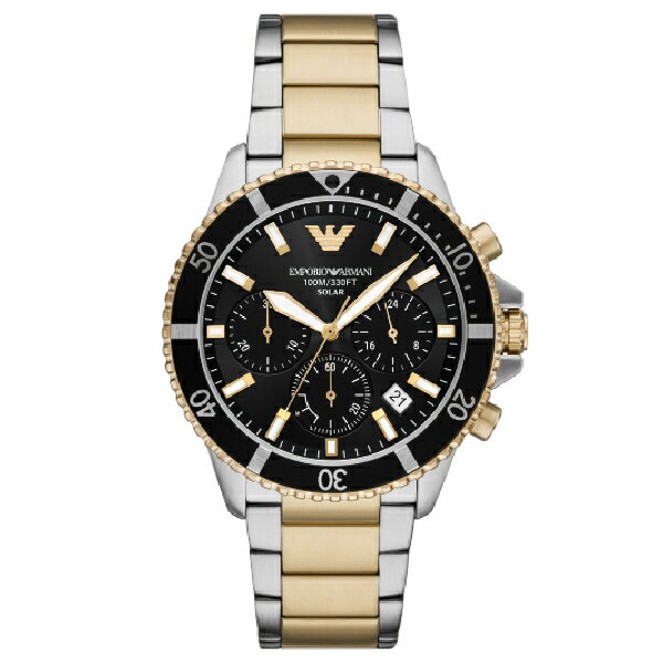 EMPORIO ARMANI 亞曼尼 AR11680 太陽能三眼計時手錶 黑面  金色x銀色錶帶 43mm｜樂天全館特惠中★指定刷卡回饋10%