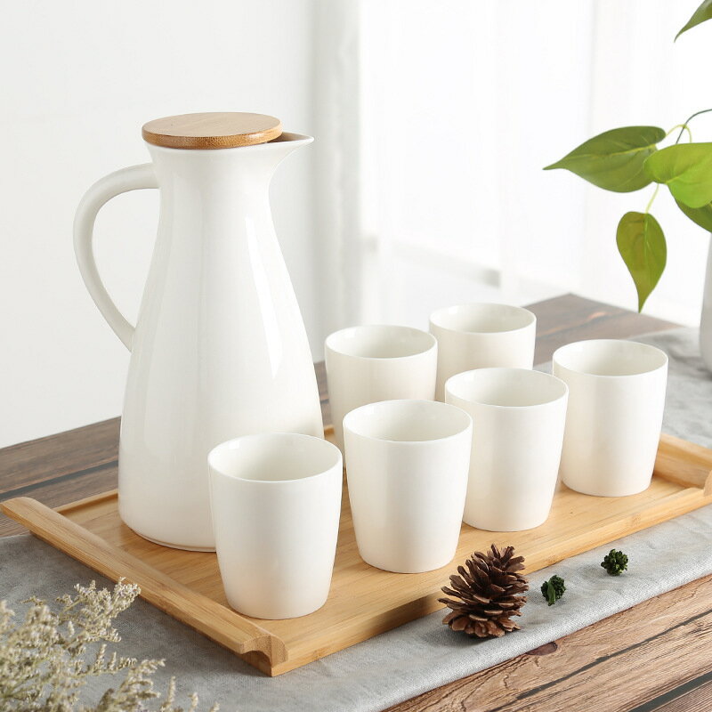 陶瓷家用水杯水壺套裝客廳茶杯茶具簡約陶瓷冷水壺配竹盤北歐杯具