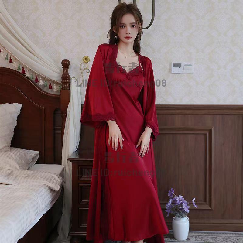 法式宮廷風睡衣女春秋高階冰絲綢紅色喜慶本命年新娘晨袍超長睡裙P【步行者戶外生活館】