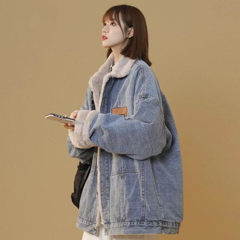羊羔毛絨牛仔外套女2022年新款復古棒球棉衣oversize棉服加絨加厚--享樂