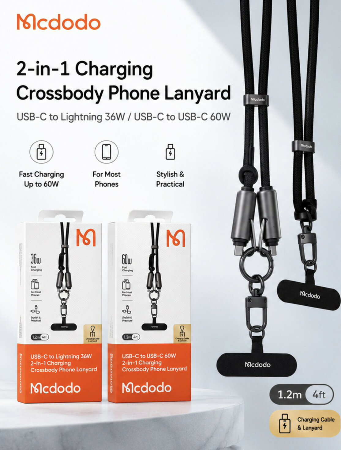 支援i17🔥 Mcdodo 二合一手機充電線掛繩 手機背帶C to C充電線 60W快充線 安卓充電線