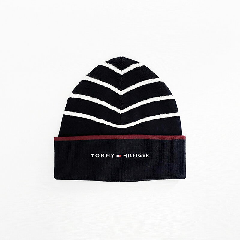 美國百分百【全新真品】Tommy Hilfiger 帽子 細針織 毛線帽 TH logo 毛帽 條紋 深藍 DC20