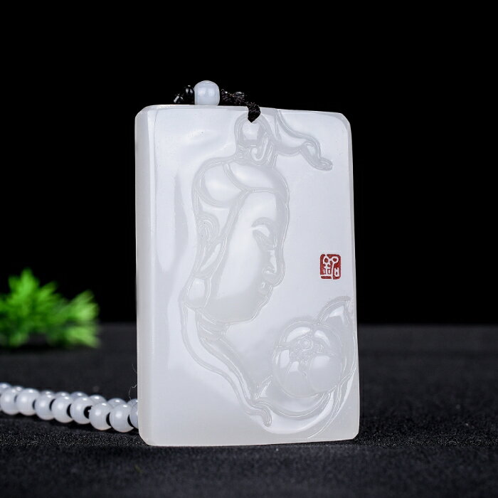 天然新疆和田玉白玉觀音吊墜 玉觀音玉牌 男款蓮花側臉觀音玉佩