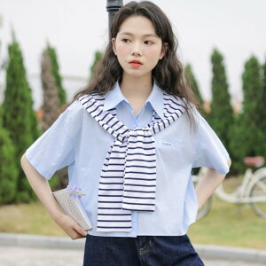 夏季披肩二件套純色襯衫日系學院風polo領休閒甜美短款高腰上衣女