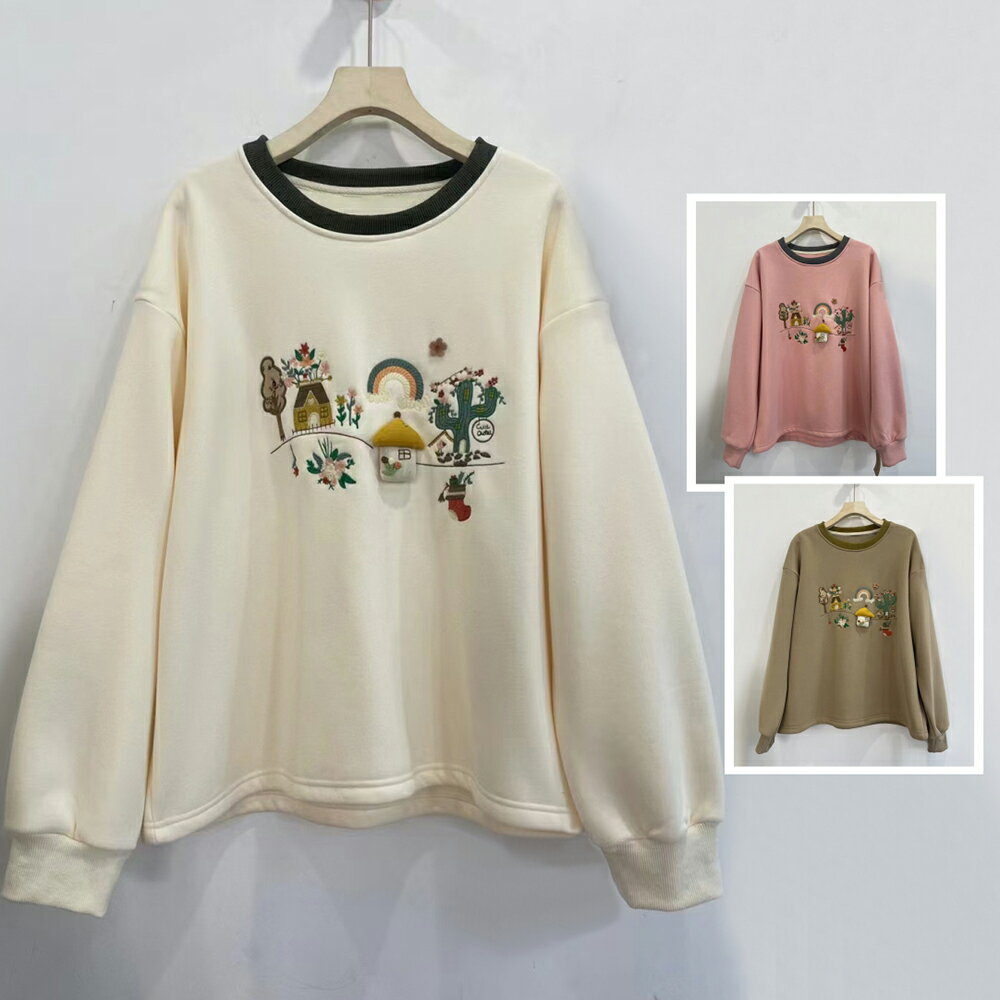 ＊ORead＊日系撞色刺繡加絨加厚圓領長袖上衣(3色F碼)【限定加碼✿全館滿額再折】