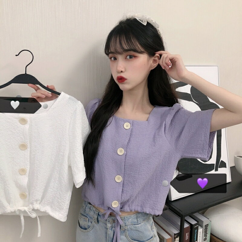 溫柔甜美方領短款上衣新款女裝法式復古高腰露臍短袖襯衫