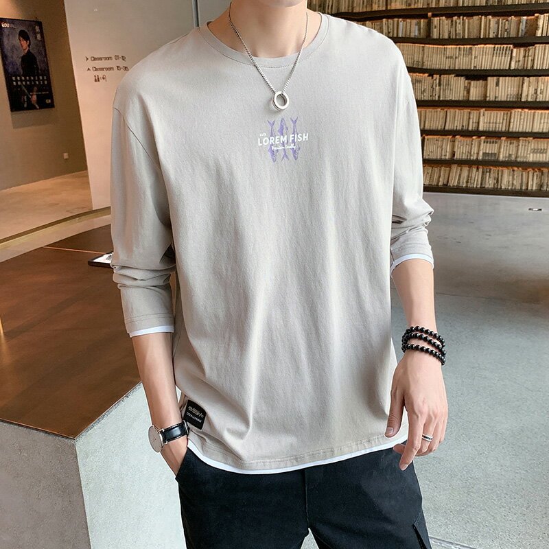 森馬潮男長袖t恤春秋季薄款2022新款純棉寬松上衣潮流帥氣打底衫