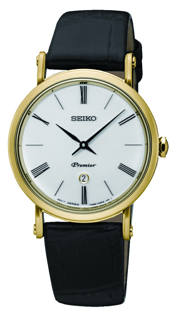 SEIKO 精工 Premier 古羅馬革新藍寶石水晶牛皮手錶 銀 金框 黑 7N89-0AY0K(SXB432J1) 30mm