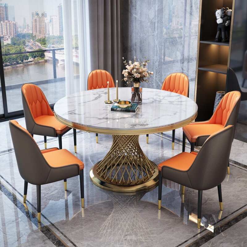 輕奢大理石餐桌椅組合現代簡約家用圓形帶轉盤飯桌巖板旋轉圓桌椅