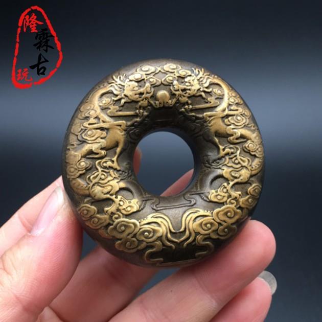 古玩老貨銅器鈴鐺虎撐祥雲雙龍戲珠鎏金銅微雕鈴鐺藥師鈴鐺手把件