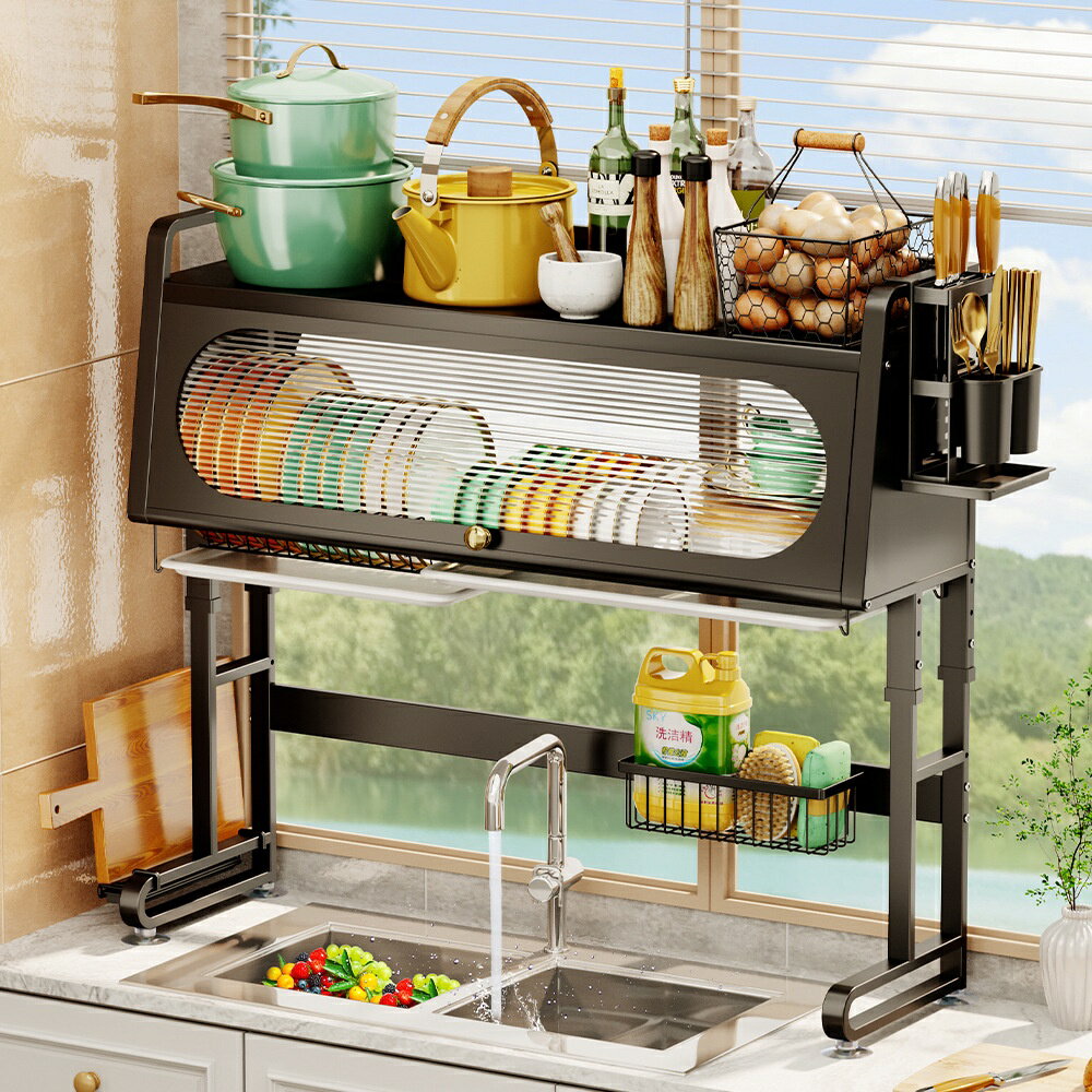 廚房水槽置物架碗架臺面伸縮碗碟帶門碗盤收納架碗櫃儲物櫃瀝水架