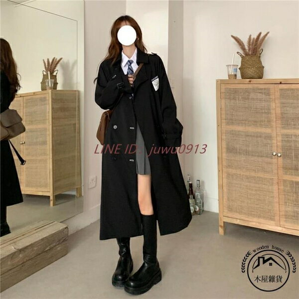 黑色風衣中長款女裝雙排扣方領薄款外套過膝系帶風衣外套【木屋雜貨】
