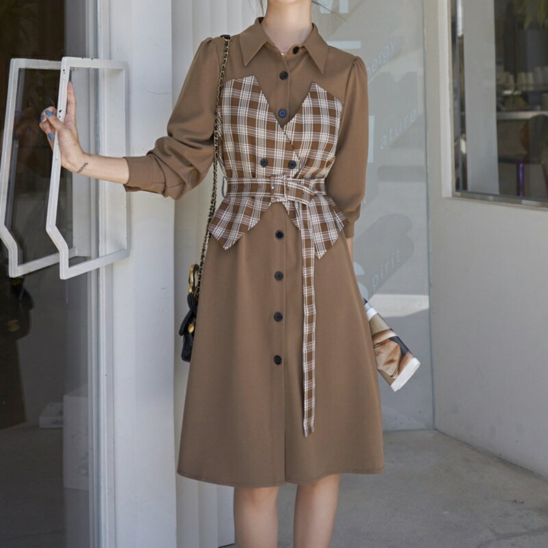 現貨+預購 長袖洋裝連身裙-格紋背心拼接假兩件女裙子74dd26【獨家進口】【米蘭精品】