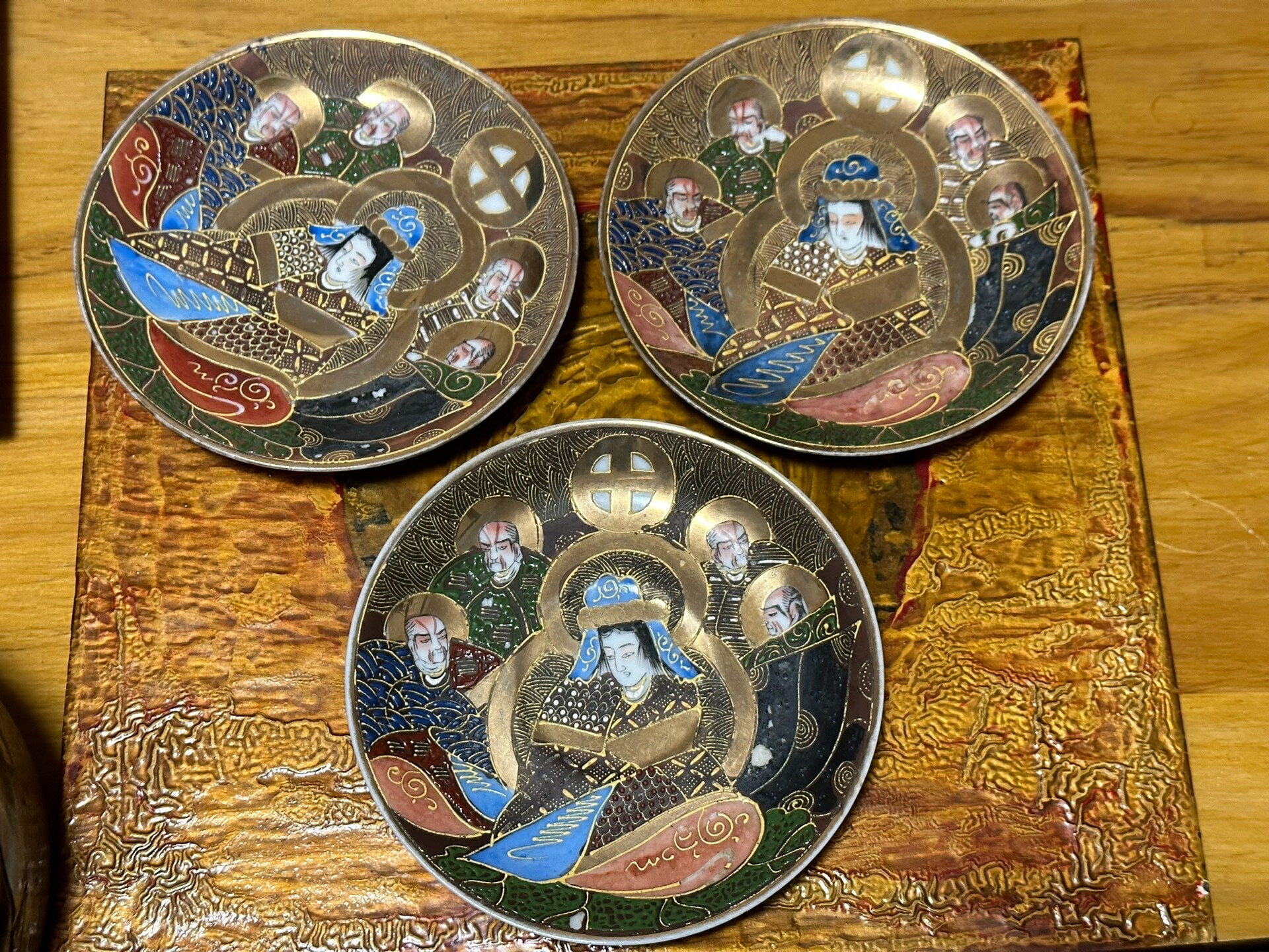 日本中古回流明治老物 高肉金蒔繪錦彩手繪滿工 五福神像飾皿