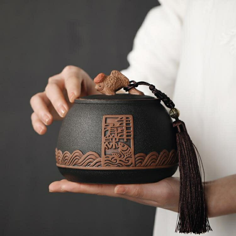 茶葉罐 百貝 復古粗陶茶葉包裝盒 年年有余陶瓷密封存儲罐普洱茶葉罐茶倉