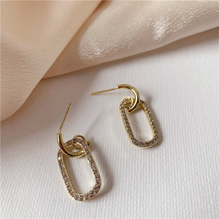 925銀針韓國東大門設計雙層滿鉆個性耳環鏤空幾何圓金屬簡約耳飾