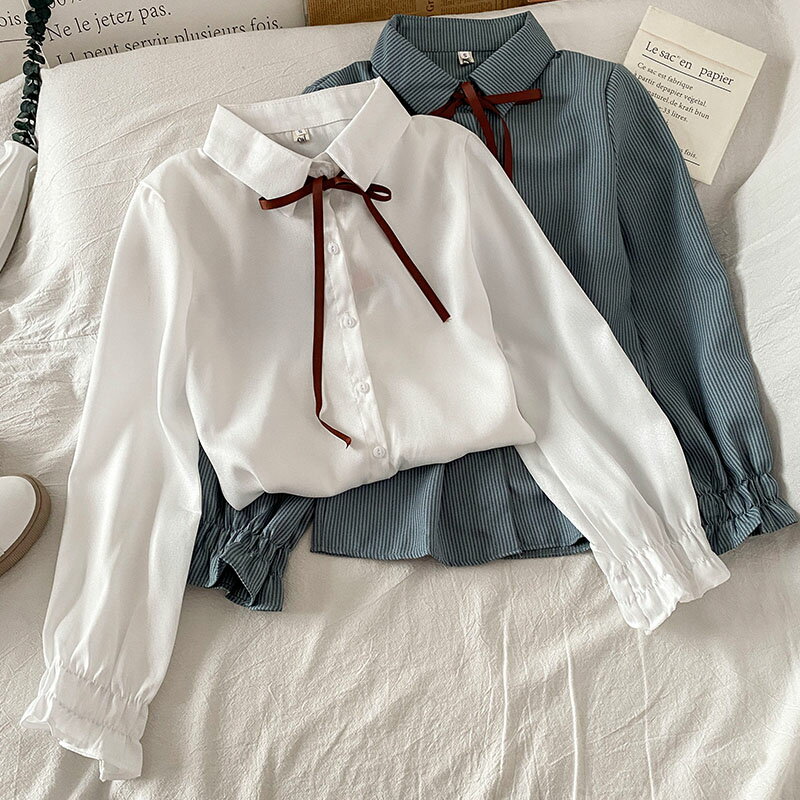 白色長袖襯衫女年早秋季新款法式氣質設計感蝴蝶結系帶上衣服