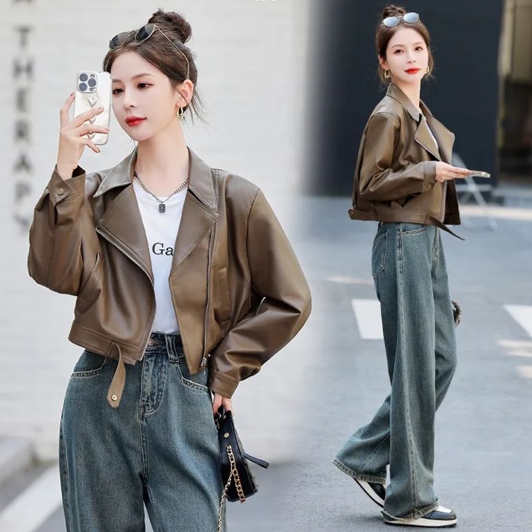 皮衣女短款機車寬松休閑小個子時尚百搭加絨加厚pu皮夾克外套新款【倪醬】