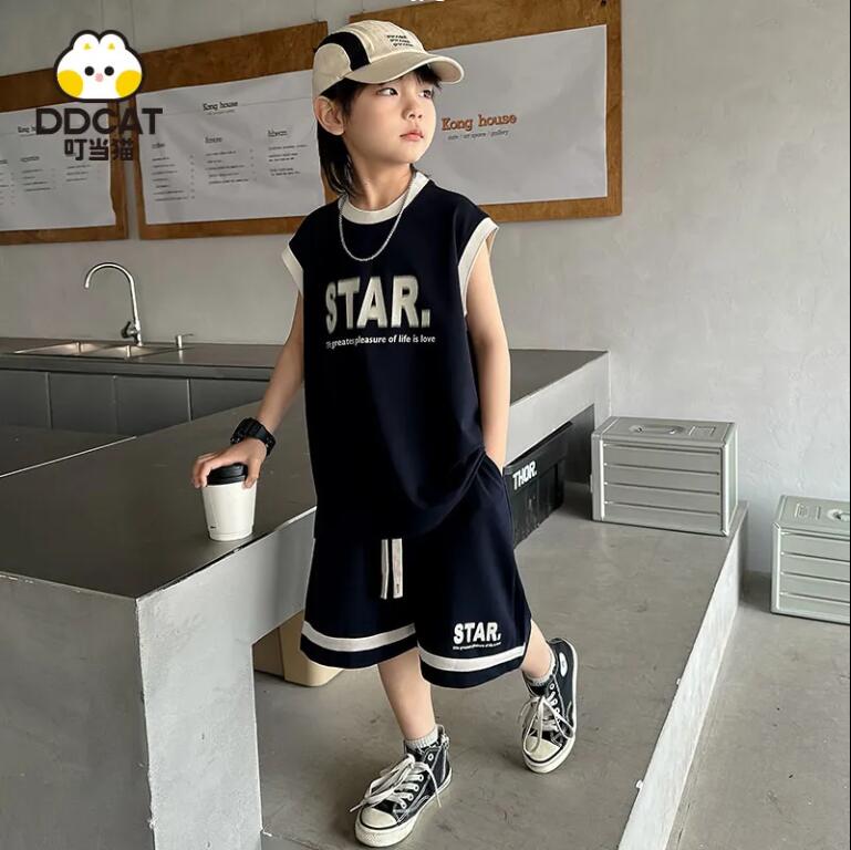 男童無袖套裝夏季2024新款兒童夏裝背心短褲運動服夏款男孩中大童【步行者戶外生活館】P