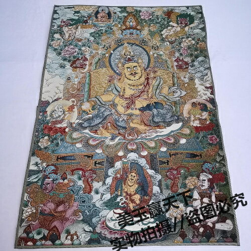 西藏唐卡佛像絲綢繡尼泊爾財神唐卡金絲刺繡畫 財寶天王 黃財神像