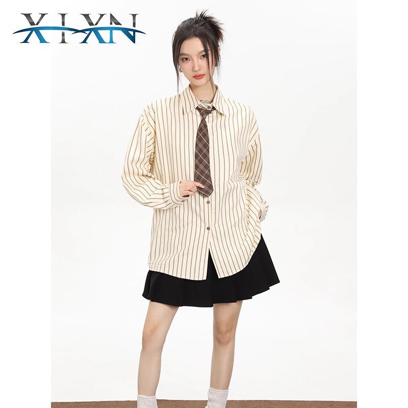 長袖襯衫女設計感豎條紋領帶復古襯衣POLO領春秋內搭日系寬松上衣-享樂