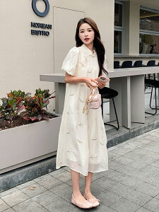 新中式中國風連身裙女夏復古高級感改良旗袍盤扣繡花長裙