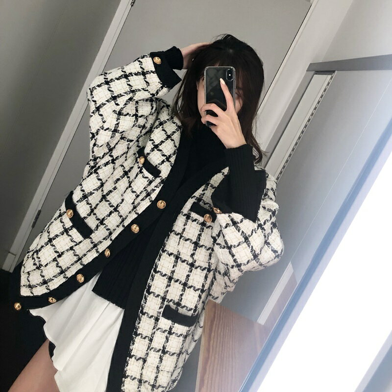 毛呢套裝長袖裙裝(兩件套)-格子中長款外套短裙女裝74dr49【獨家進口】【米蘭精品】