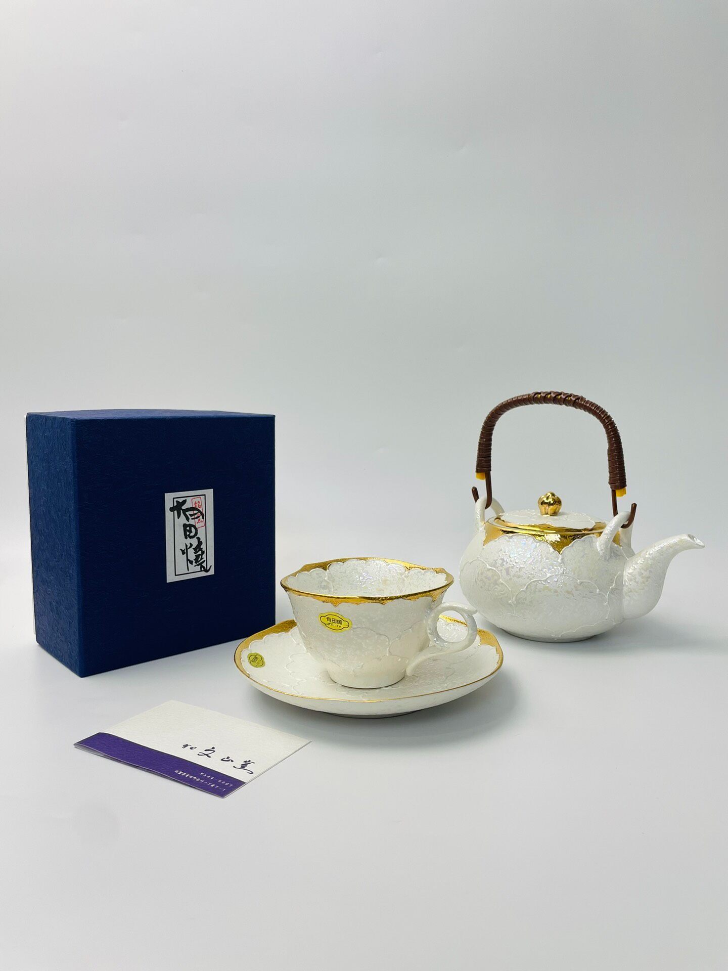 日式有田燒 文山提樑茶壺 白牡丹珍珠釉手工描金 典雅茶具組 咖啡杯 精品禮物 送禮自用