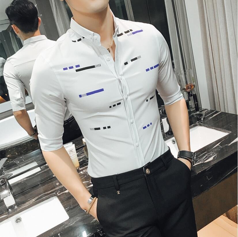 FINDSENSE品牌 男 時尚 潮 薄款 特色橫條紋印花 修身 中袖襯衫 七分袖襯衫