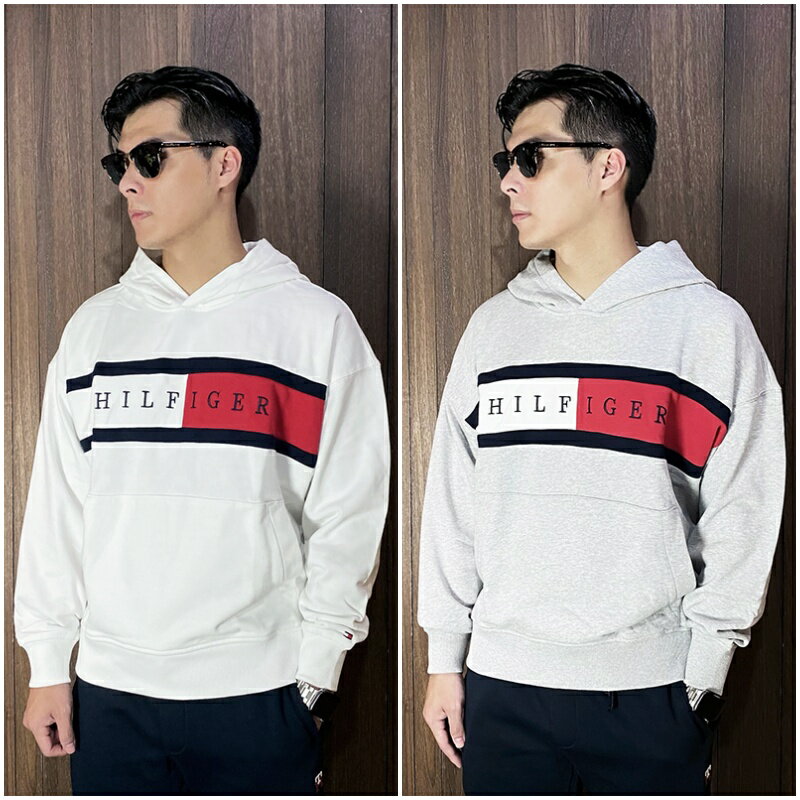 美國百分百【全新真品】Tommy Hilfiger 連帽上衣 棉質 TH 帽T 長袖 上衣 logo 白色/灰色 CW69