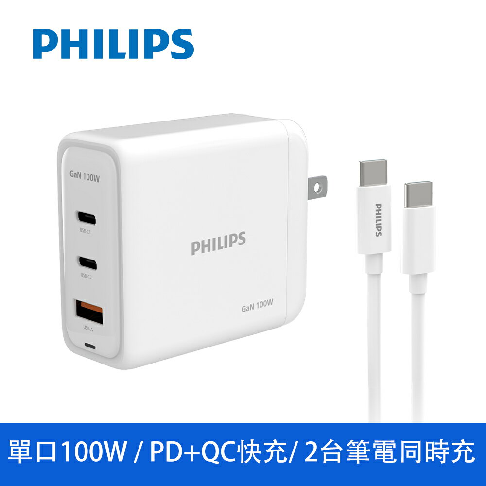 PHILIPS飛利浦 100W GaN 氮化鎵充電器【贈快充線】 PD快充 TYPE C 充電器 快充頭 DLP6343