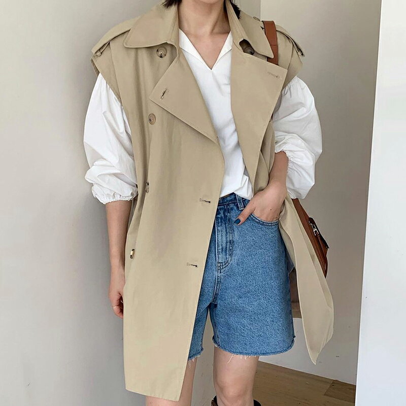 韓國chic復古英倫風翻領雙排扣寬松純色中長款無袖風衣馬甲外套女