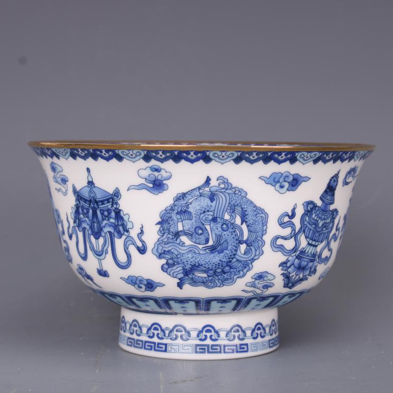 清乾隆青花金邊八寶花紋碗仿古工藝品瓷器家居用品中式古玩擺件