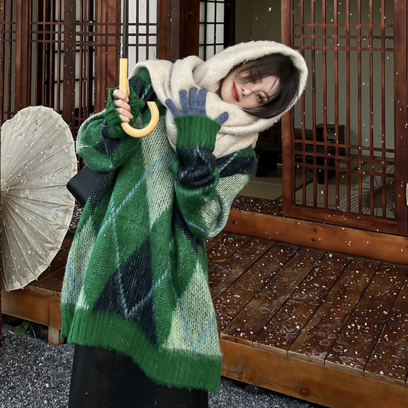 ANNAS 韓國聖誕綠格子毛衣 菱格紋 針織衫 毛衣 聖誕節穿搭 寬鬆長版毛衣 聖誕格紋上衣