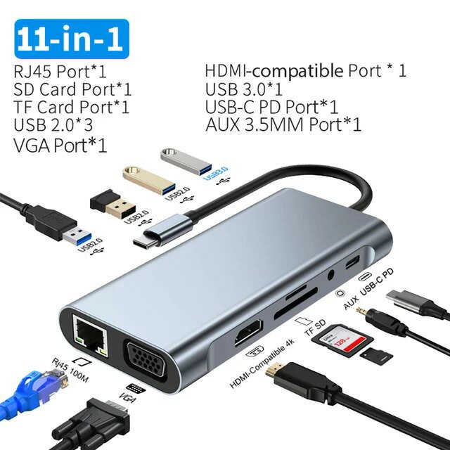 【日本代購】適用於 MacBook Pro Air 的 11 合 1 4K USB C 3.0 HUB C 型轉 HDMI 相容 USB 3.0 轉接器 C 型 HUB 擴充座 PD 87W USB C 分路器