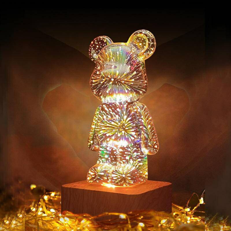 暴力熊LED3D玻璃檯燈 畢業禮物 生日禮物 畢業小熊 禮物 愛心卡通小熊浪漫溫馨夜燈 USB夢幻氛圍床頭燈 禮物