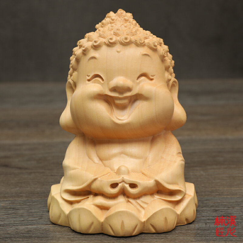 楠溪匠心黃楊木雕刻家居風水擺件創意Q版佛像卡通小佛主彌勒觀音1入