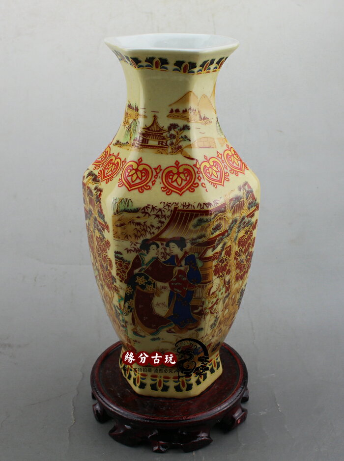 古玩雜項 仿古瓷器 陶瓷 粉彩仕女六棱美女瓶 侍女花瓶不含底座1入