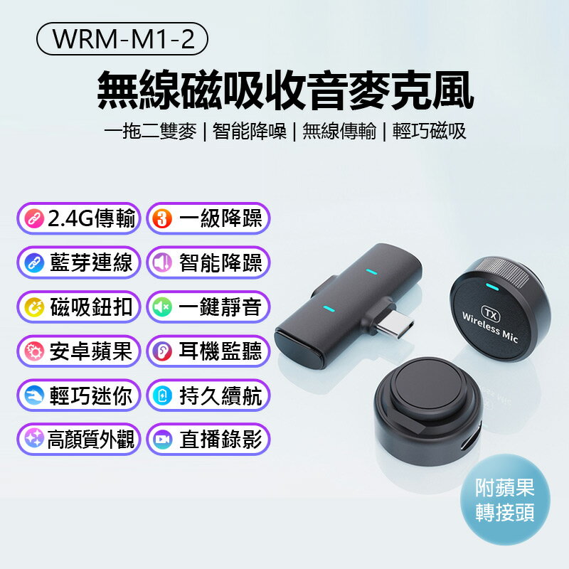 附蘋果轉接頭 WRM-M1-2 無線磁吸收音麥克風 即插即用 智慧降噪 一鍵靜音 超長待機 VLOG 錄影收音 輕巧便攜