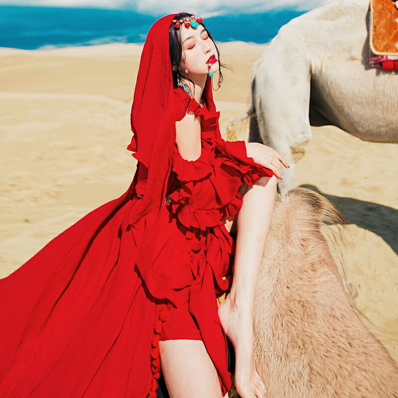 秋季民族風女裝流蘇連衣裙青海旅游沙漠紅色旅游度假大擺長裙