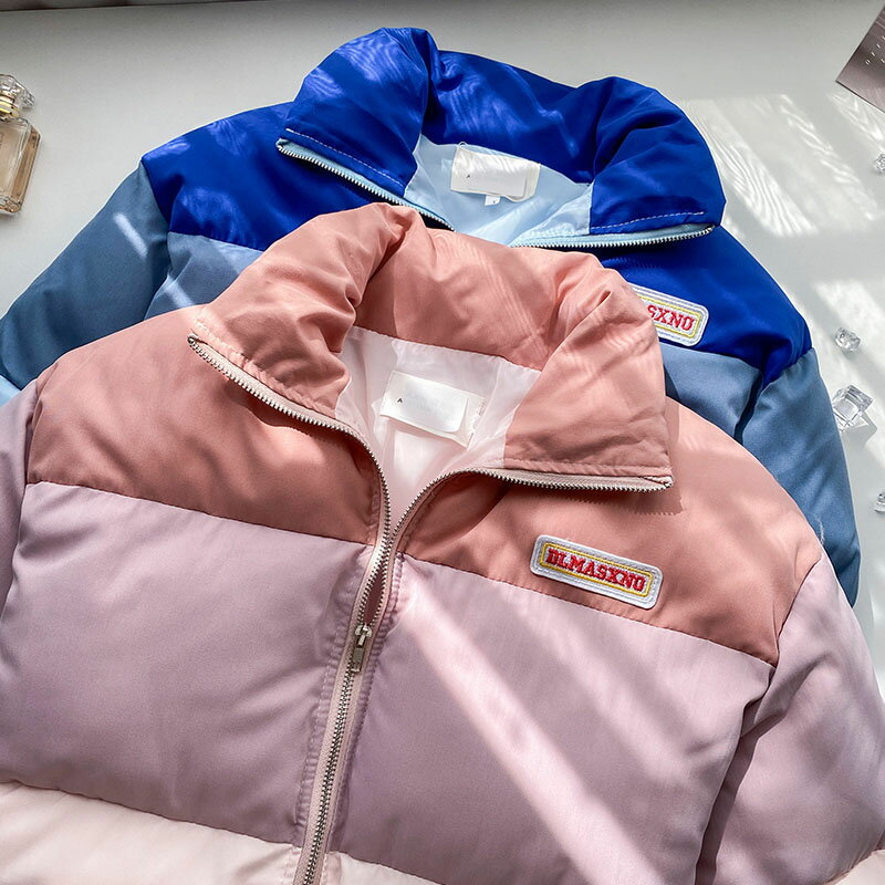 撞色拼接麵包服女新款冬季寬松ins百搭加厚保暖棉服外套潮