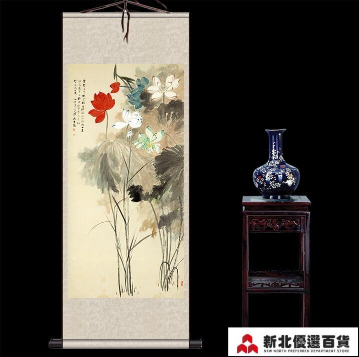 開發票 捲軸掛畫 張大千五色荷花花鳥畫國畫絲綢畫風水掛畫字畫禮品捲軸茶樓裝飾畫